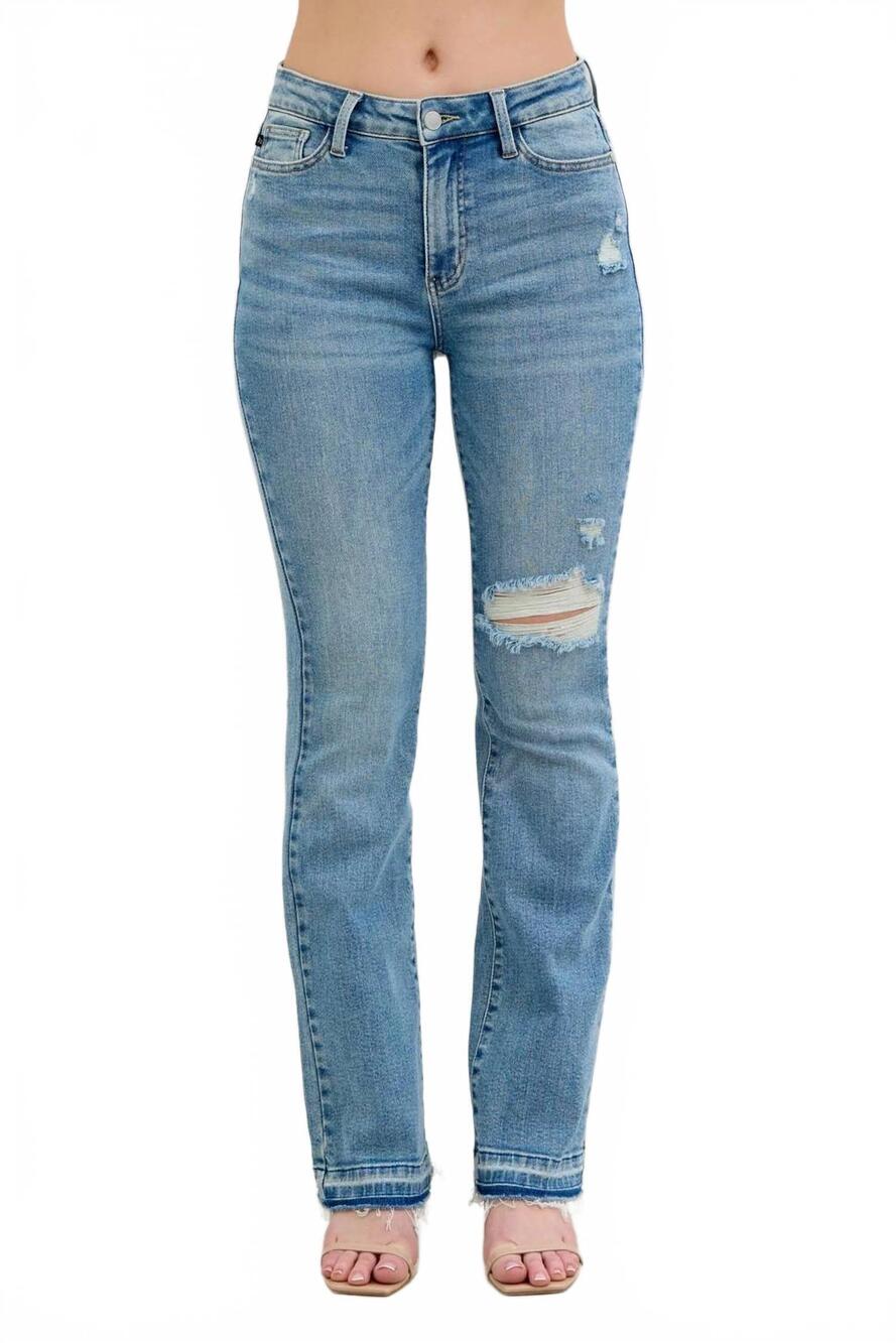 NEW JUDY BLUE destroy and released hem bootcut jeans in medium blue